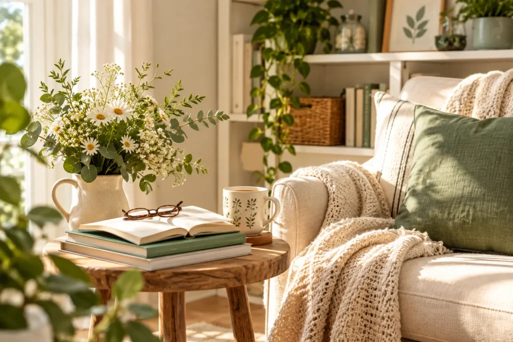Sunlit reading nook with a cream armchair, sage green cushion, knitted throw, fresh flowers, and books.