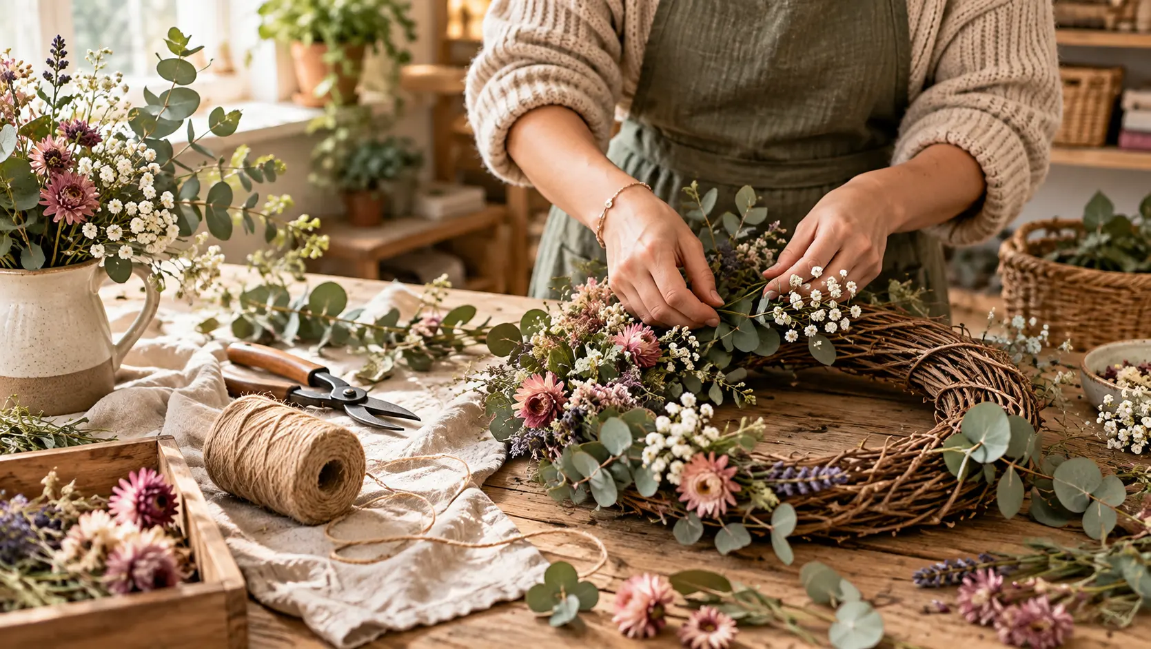 Woman arranging eucalyptus and delicate flowers on a handmade grapevine wreath at a rustic wooden craft table.