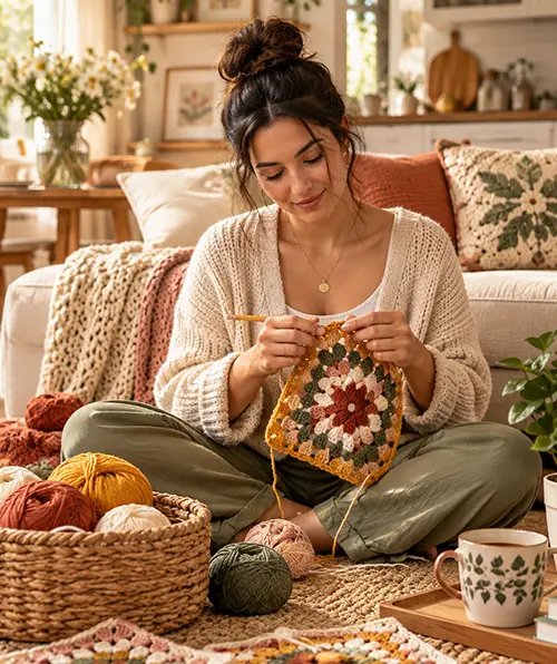 Woman crocheting a colorful granny square in a cozy living room surrounded by yarn and handmade crochet projects.