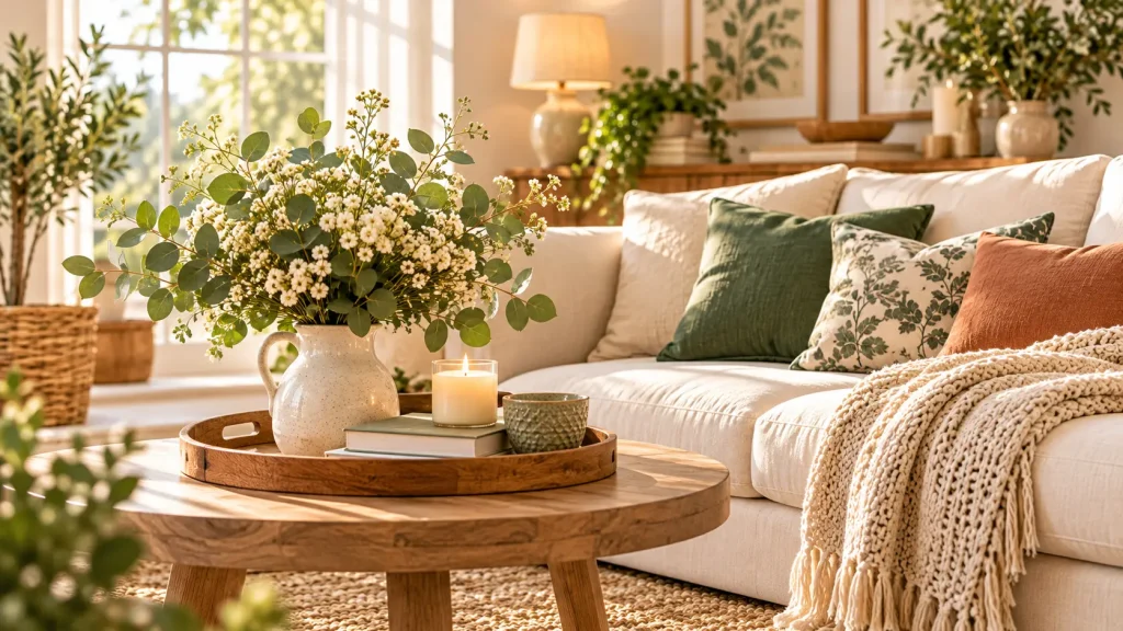 Cozy living room with a cream sofa, sage green and terracotta cushions, natural wood furniture, and white flowers.