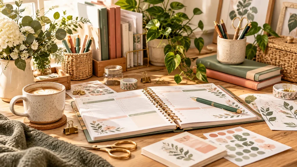 Organized desk with an open weekly planner, checklist, neutral stationery, pens, and storage accessories