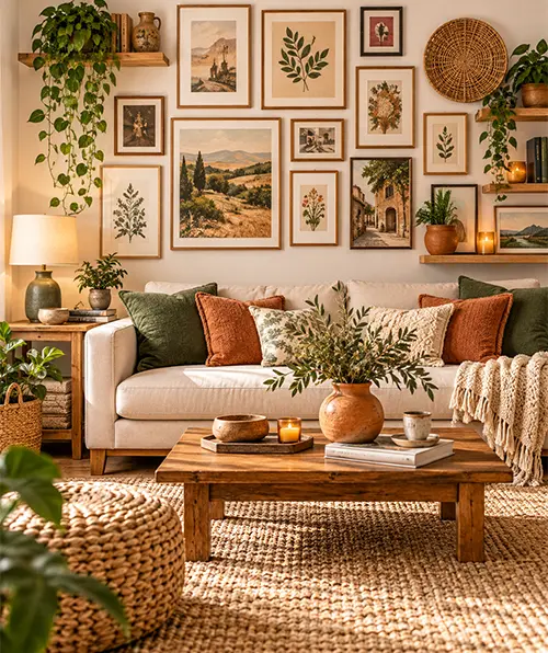 Cozy neutral living room with sage green cushions, natural wood furniture, and warm sunlight.