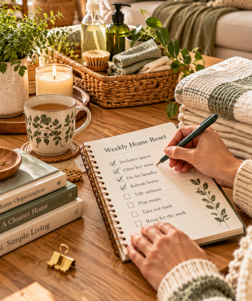 Weekly home reset checklist in a notebook beside folded linens, cleaning supplies, and a cozy, organized living room.